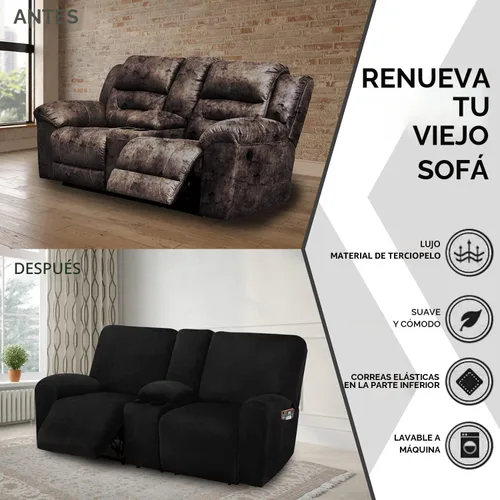 Vista 3 de ULTICOR Funda para Sofá de Dos Plazas Reclinable con Consola del Medio, Fundas de Sofá Reclinable de Terciopelo Elástico de 8 Piezas, Gruesas, Negro
