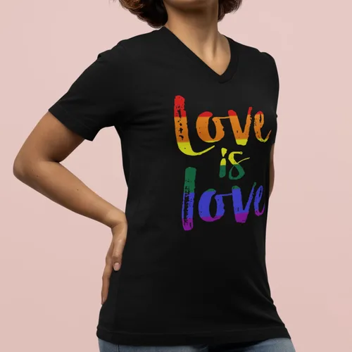 Vista 5 de Love is Love - Camiseta con cuello en V para mujer, diseño de orgullo gay Negro
