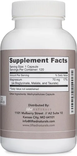 Vista 7 de Complejo de magnesio - Suplemento de magnesio Lifted Naturals con bisglicinato, malato, taurato - 120 cápsulas - Fórmula de magnesio biodisponible