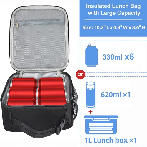 Vista 2 de Lonchera aislada, a prueba de fugas, portátil, para mujeres, hombres, niños y niñas, bolsa enfriadora de gran capacidad con asa y bolsillo para Negro