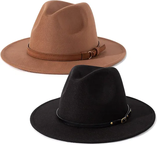 Vista 9 de Lisianthus Paquete de 2 Sombreros Fedora Clásicos de Ala Ancha con Hebilla de Cinturón para Hombre y Mujer Conjunto 1