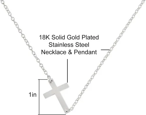 Vista 4 de ORENTINI 2mm 18K Gold Plated, 925 Sterling Silver Cute Faith Dainty Sideways Cross Necklace On A 16" Open Link Chain Necklace Choker For Women Girls