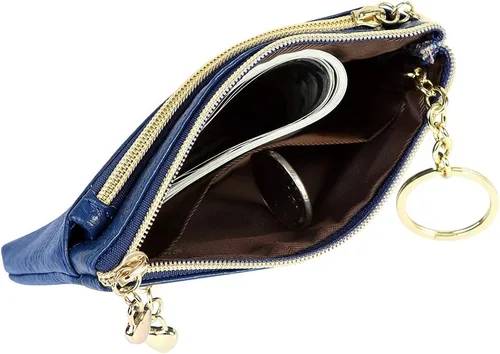 Vista 4 de Monedero de cuero genuino para mujer, con cremallera, bolsillo y bolsillo, Azul real