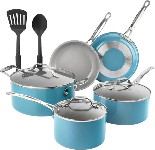 Vista 9 de Gotham Steel Sartén antiadherente de 5.5 cuartos de galón con tapa, sartén de cerámica jumbo con tapa de vidrio, mango que se mantiene fresco +