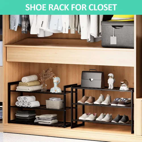 Vista 4 de Jripae Zapatero de bambú para entrada, estante organizador de zapatos apilable de 3 niveles, almacenamiento para 9-12 pares de zapatos, soporte