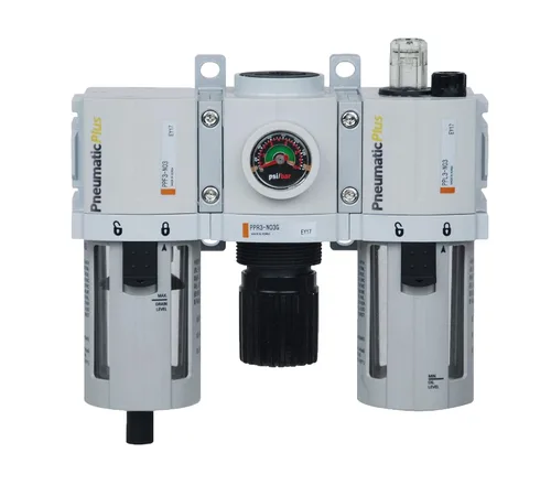 Vista 2 de PneumaticPlus PPC3-N02G, Regulador de filtro de aire comprimido, combo lubricante, 1/4" NPT (flujo elevado), 5 micrones, drenado manual, medidor