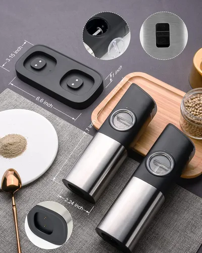 Vista 2 de SENZER Gravity - Molinillo eléctrico de sal y pimienta, molinillo de pimienta automático recargable con base de carga de luz LED para cocina