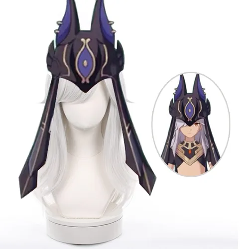 Vista 5 de Genshin Impact Cyno Sumeru - Peluca de pelo sintético largo plateado con gorra de peluca gratis para Comic Con, espectáculo de cosplay, Halloween