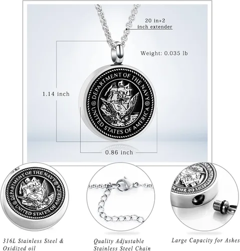 Vista 4 de Hearbeingt Collar con colgante de urna para cenizas del ejércitofuerza aéreaazul marinobombero, regalo conmemorativo, aniversario, recuerdo