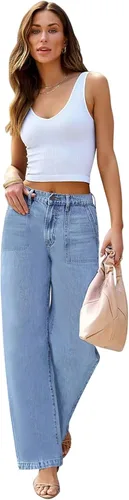 Vista 4 de Jeans cargo para mujer, de cintura alta, pierna ancha, con bolsillo de solapa, Y2K, jeans de carpintero para mujer, pantalones cargo de mezclilla