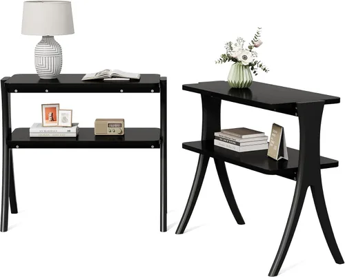Vista 11 de LITTLE TREE Mesa auxiliar con patas de madera maciza, mesa auxiliar estrecha pequeña de 2 niveles, mesa de granja que ahorra espacio para sala