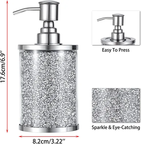 Vista 2 de JUXYES Botella dispensadora de jabón con diamantes triturados de cristal chispeante con bomba de acero inoxidable, lujoso dispensador de loción