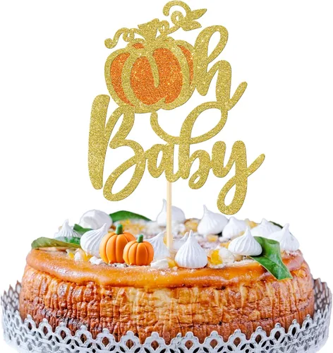 Vista 17 de Paquete de 24 adornos para cupcakes de calabaza para niños o niñas, con purpurina para revelación de género, calabaza, pies de bebé, para baby