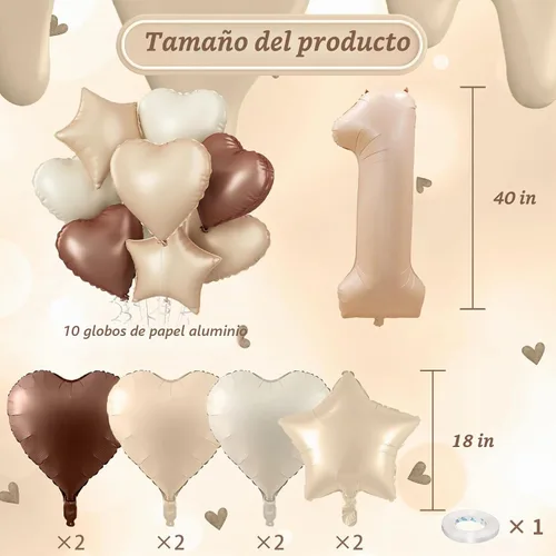 Vista 2 de Decoración de Globos Número 10 de 40 Pulgadas, Globos de Corazón Neutro de Papel de Aluminio Crema Retro Albaricoque Marrón con Globo de Helio