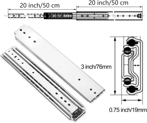 Vista 6 de 1 par de guías de cajón resistentes de 20 pulgadas y 500 libras con tornillos, montaje lateral, extensión completa, 3 rodamientos de bolas