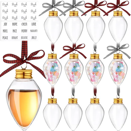 Vista 11 de Kajaia 12 bolas de alcohol de Navidad rellenables para árbol de Navidad con calcomanías de cinta a cuadros de búfalo, adornos de plástico