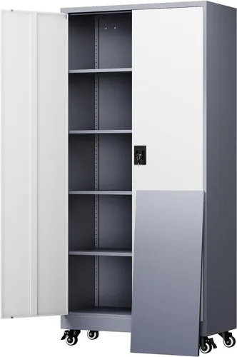 Vista 21 de Yizosh Armario de almacenamiento de metal para garaje con 2 puertas y 5 estantes ajustables, gabinete de archivo de acero con cerradura de 71