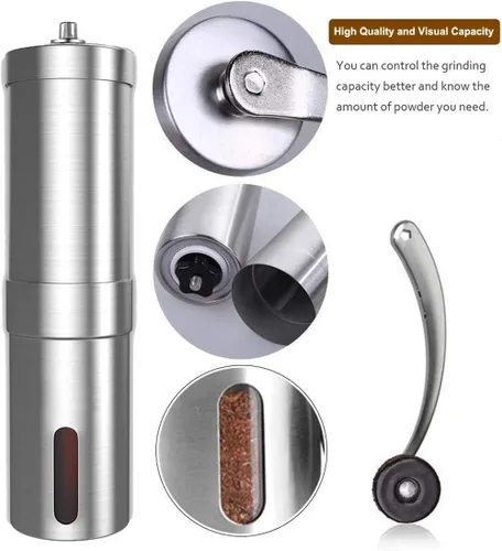 Vista 3 de Molinillo de café manual, molinillo de café portátil de mano con ajuste ajustable, molinillo de rebabas de cerámica cónica de acero inoxidable