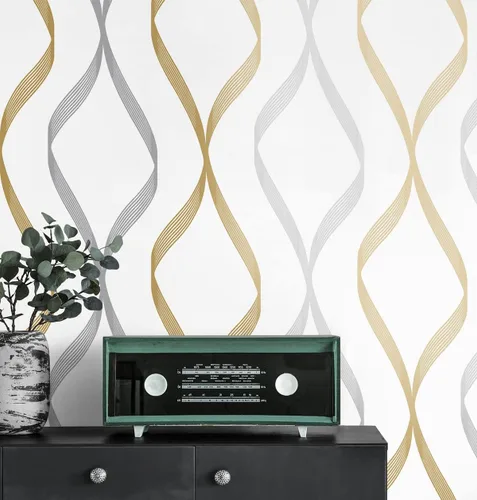 Vista 6 de NextWall Ogee Ribbon - Papel tapiz autoadhesivo (plateado y dorado)