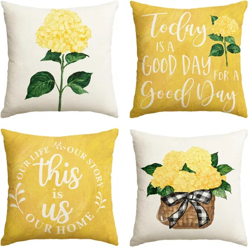 Vista 8 de AVOIN colorlife Juego de 4 fundas de almohada de hortensias azules para primavera y verano, 16 x 16 pulgadas, diseño de «Today is A Good Day»