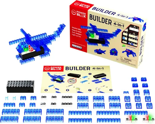 Vista 4 de E-Blox 4 en 1 Power Blox Builder STEM Kit (46 piezas), colorido juego de bloques de construcción con luz LED, construir 4 estructuras 3D, gran
