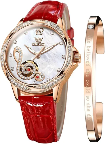 Vista 7 de OLEVS Reloj mecánico automático para mujer correa de cuero cuerda automática reloj de pulsera para mujer esfera de corazón de diamante impermeable