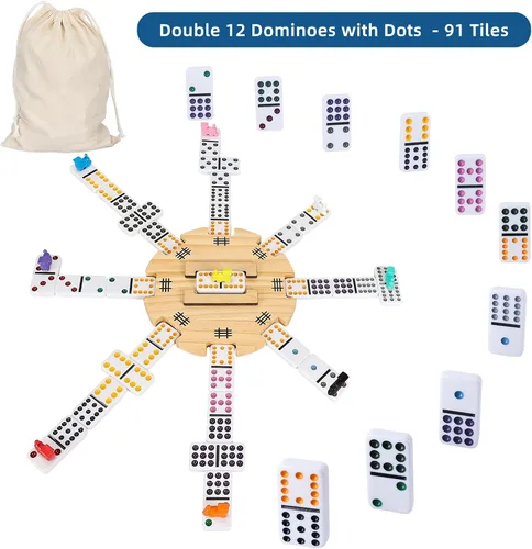 Vista 4 de GOTHINK Juego de dominó doble de 12 trenes mexicanos en estuche de transporte de madera, juego de dominó de puntos de colores para adultos, niños