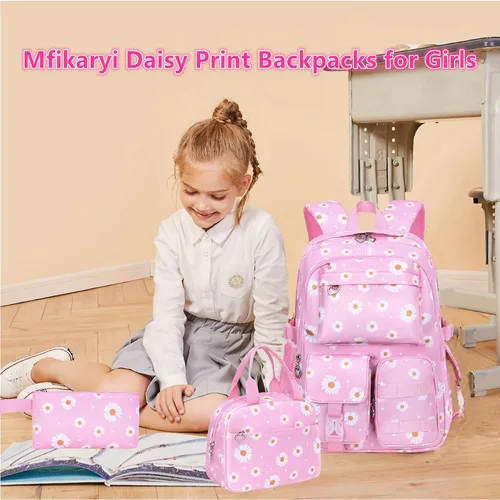 Vista 5 de Mfikaryi Mochilas con estampado de margaritas para niñas, 3 piezas, con lonchera, Gris, Moda