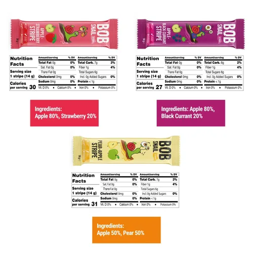 Vista 2 de BOB SNAIL Bocadillos de fruta saludables para niños y adultos – 30 bocadillos de fruta en tiras con sabor a manzana-pera, fresa, grosella negra