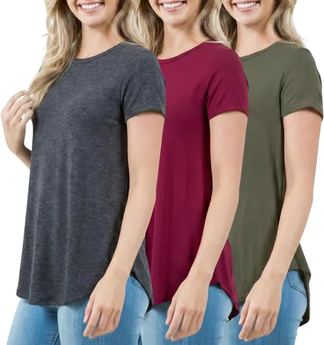 Vista 8 de Azules Blusa larga de manga corta para mujer, con cuello redondo y dobladillo curvado, suave y elástica