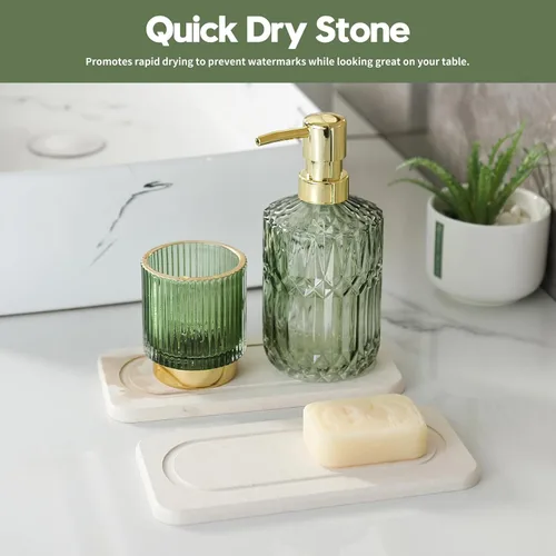 Vista 4 de Paquete de 2 bandejas de fregadero de piedra de diatomita, tapete de grifo absorbente de agua para encimera de cocina y baño, jabonera decorativa