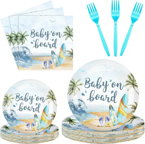 Vista 8 de Sunnyray 96 platos y servilletas para baby shower, suministros de decoración de fiesta, baby shower, platos de postre, servilletas y tenedores