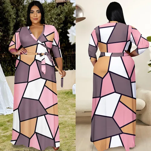 Vista 4 de Runwind Vestidos de talla grande para mujer, vestido largo floral, manga 34 con cinturón