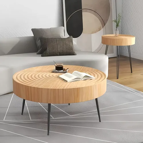 Vista 3 de Mesa de centro para sala de estar, sofá, mesa de esquina para el hogar, mesa redonda pequeña, anillos de árbol, mesa de centro de madera maciza
