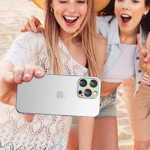 Vista 6 de Protector de lente de cámara para iPhone 14 Pro/iPhone 14 Pro Max, cobertura completa 3D con purpurina brillante, calidad de imagen sin afectación
