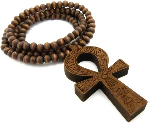 Vista 14 de Fashion 21 Colgante de cruz egipcia Ankh de 0.236 in, 27 pulgadas, collar de cuentas de madera elástico (3 colores disponibles)