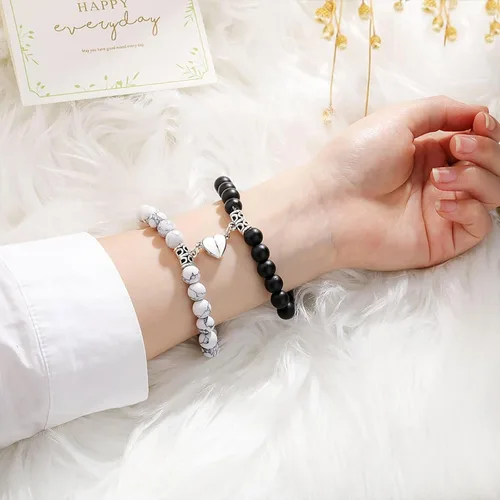 Vista 4 de ObuMI Bracelets Magnetic Couple Her Bracelets Bracelet His And Couples Lover Jewelry Distance Bracelets (AB, One Size)