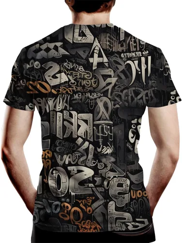 Vista 2 de Camiseta con marcadores de graffiti con letras callejeras para hombre, impresión 3D, camiseta gráfica de graffiti Negro