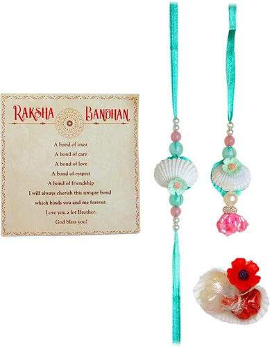 Vista 5 de Bhaiya Bhabhi Rakhi - Juego de 2 Rakhi para hermano y Bhabhi Rakhi Lumba set pareja pareja diseñador hilo Rakhi para Raksha Bandhan regalo pulsera