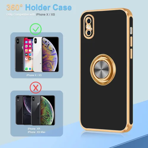 Vista 6 de Fingic Funda para iPhone X, iPhone Xs con soporte de anillo, soporte magnético giratorio de 360°, chapado en oro, borde dorado, delgada, suave, TPU