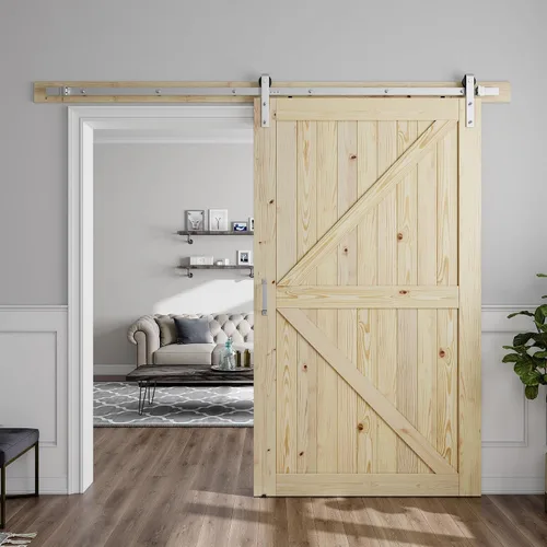 Vista 8 de SMARTSTANDARD Puerta corrediza de granero de 26 x 84 pulgadas con herrajes de níquel cepillado Kit de riel y mango de 5 pies, requiere montaje