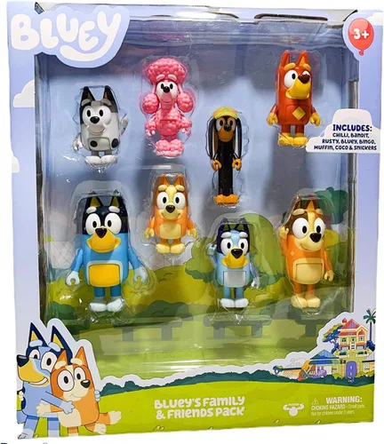 Vista 3 de Bluey Family and Friends - Figura de 8 piezas: figuras de acción articuladas de 2.5 pulgadas; Bluey, Bingo, Bandido (papá), chile (mamá), coco