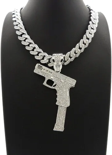Vista 2 de Pyramid Jeweler Colgante de pistola de oro o plata para hombre Hip Hop y cadena de gargantilla cubana de Miami de 0.472in, Metal, Circonia cúbica