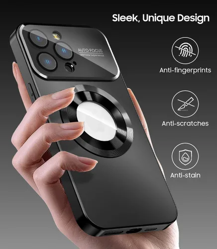 Vista 5 de MAKAVO Funda magnética para iPhone 15 Pro Max, compatible con MagSafe, protector de lente de cámara integrado, vista de logotipo, cubierta de Negro