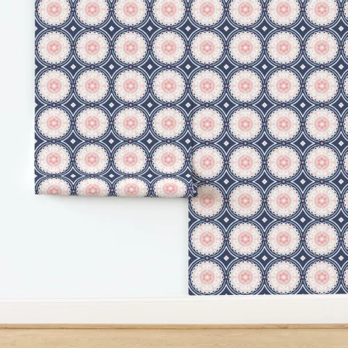 Vista 4 de Spoonflower Navy Pink White Pre-Pasted Removable Wallpaper Sample 12" x 24" Navy Pink White Circle Girls Room Self-adhesive, removable and