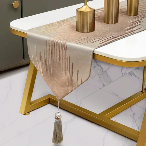 Vista 8 de Caminos de mesa bordados beige de 13 x 72 pulgadas de largo con borlas de lujo, líneas geométricas abstractas modernas para decoración del hogar