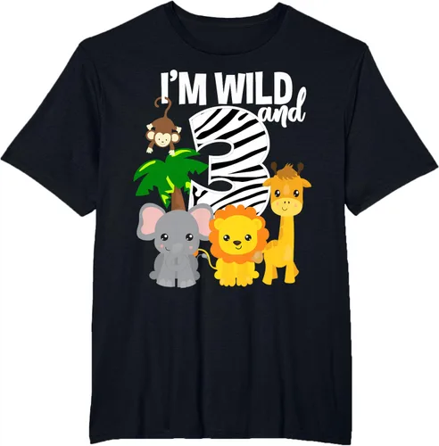 Vista 35 de Camiseta de cumpleaños con temática de zoológico de I'm Wild and 3, Negro, S