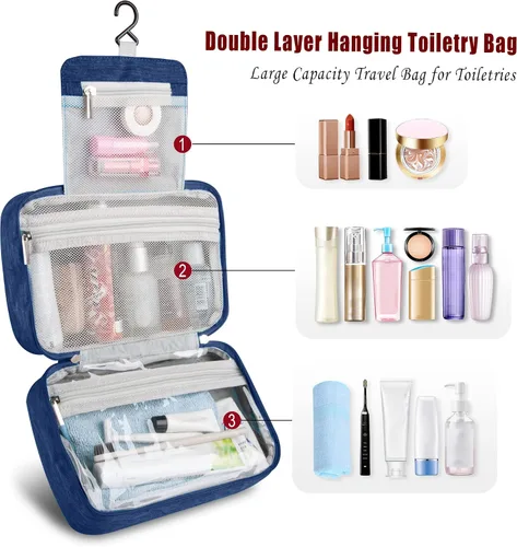 Vista 3 de Bolsa de aseo colgante, bolsa de viaje de gran capacidad para artículos de tocador, tela Oxford impermeable, organizador de maquillaje, bolsa