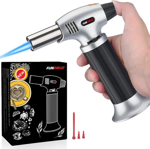 Vista 2 de FunOwlet - Encendedor de butano, 2 unidades, recargables, sopletes de cocina culinarios con bloqueo de seguridad y llama ajustable para postres