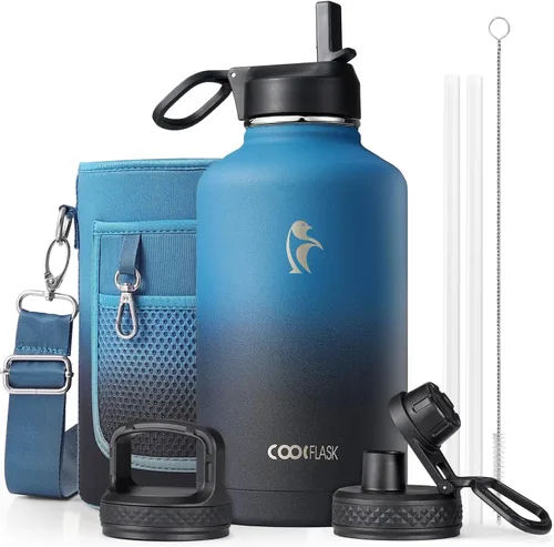 Vista 19 de Coolflask Botella de agua de 20 onzas aislada con pajilla, 3 tapas de metal de acero inoxidable, botella de agua de boca ancha para deportes u